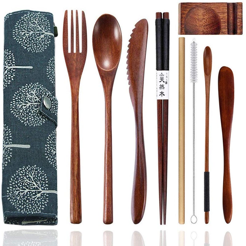 Busnos bamboo Utensils for Eating Reusable wooden travel flatware set with Case 9 Pcs durable wooden cutlery wooden spoons forks and chopsticks Wood Flatware Set with Knife Fork Spoon Chopsticks Straw - Image 1